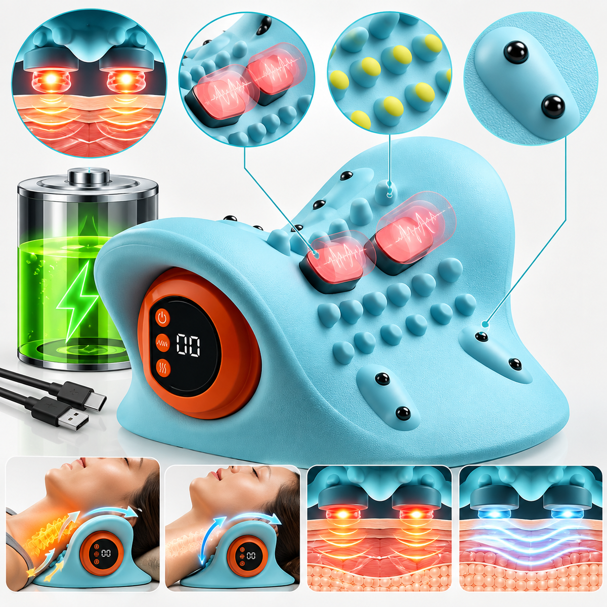 CerviCare™ Lyra — Oreiller de Traction Cervicale & Massage EMS